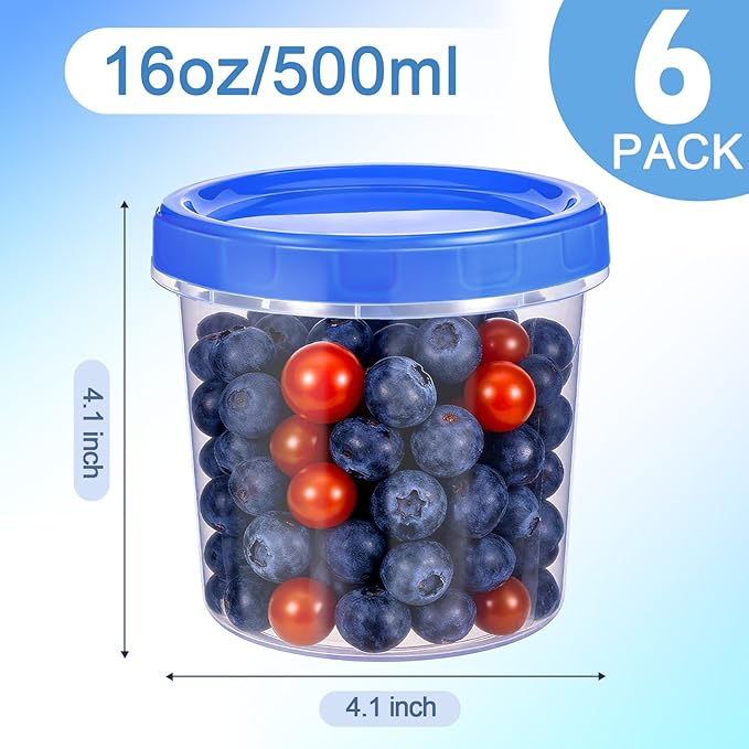 6 Pcs 16 oz Plastic Deli Containers with Screw Lids, Freezer Storage Containers Reusable 2 Cup Food Storage Container with Pen & Brush for Snack Salad Fruit, Microwave & Dishwasher Safe