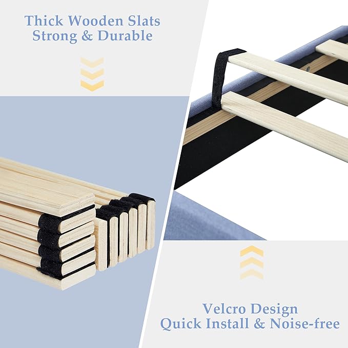 VECELO Queen Size Bed Frame with Adjustable Headboard, Upholstered Button Tufted Platform Bedframe with Wood Slats Support, No Box Spring Needed, Light Blue