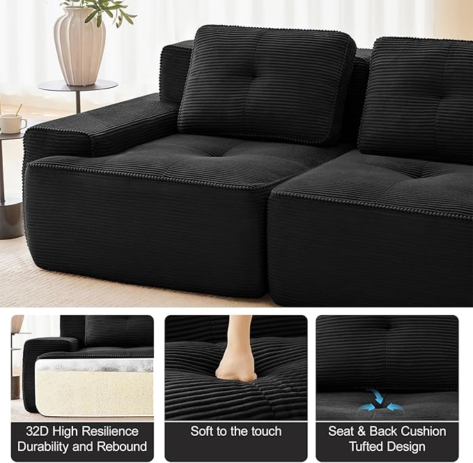 150" Modern Corduroy Cloud Sofa, Boneless Modular Large Sectional Couches for Living Room, Black 4 Seater Compressed Memory Foam Couch, Extra Deep Seat, No Assembly