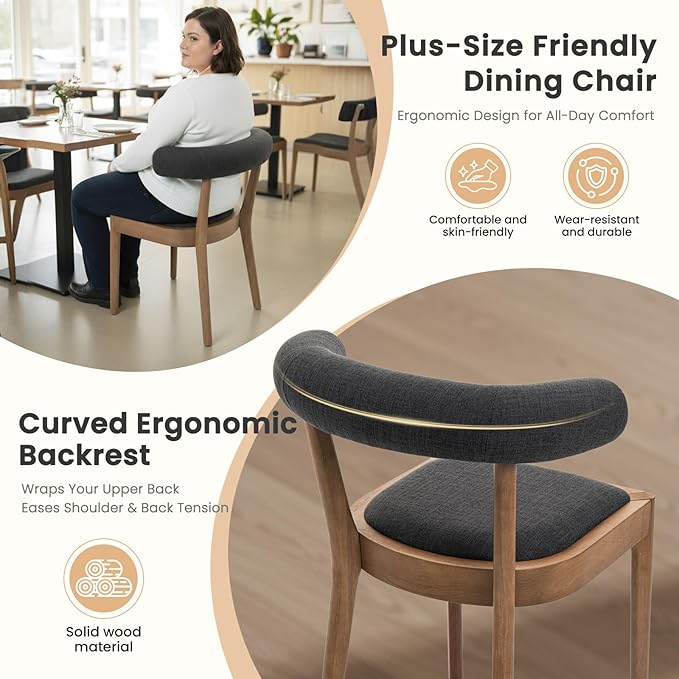 Kmax Mid-Century Modern Dining Chairs Set of 4, Upholstered Fabric Kitchen Chairs with Natural Walnut Frame & Linen Curved Back, Charcoal Black