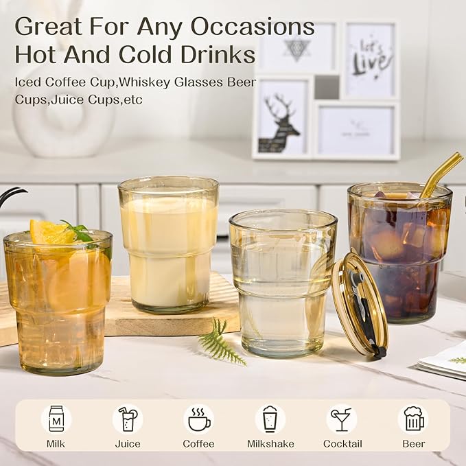 13oz Glass Cups with Straw and Lid,Tumbler Water Glass,2 Pack Reusable Iced Coffee Tumbler with Lids,Glass to go Coffee Cup for Drinking Matcha, Water, and Juice.(Amber