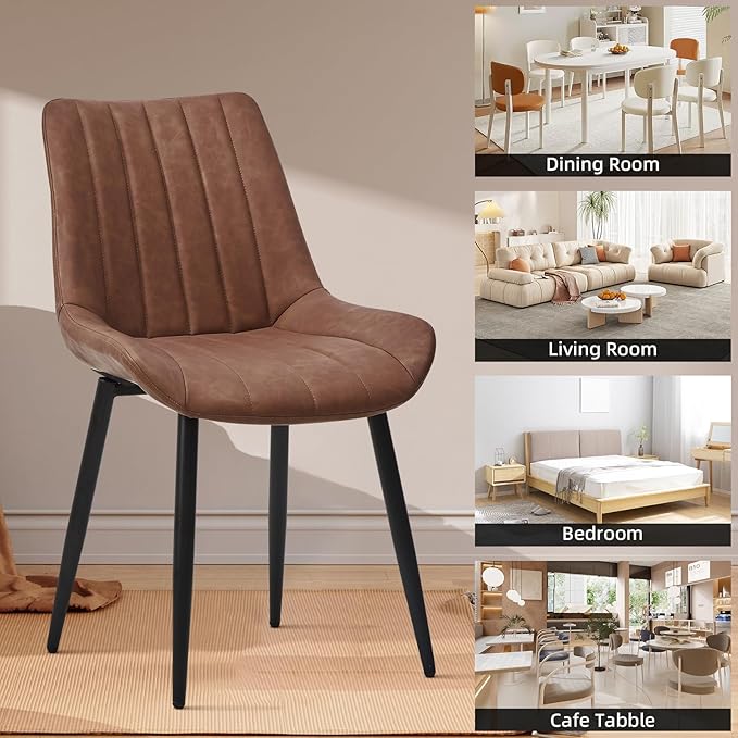 Dining Chairs Set of 6, Faux Leather Modern Linear Design Dining Chair with Metal Legs, 16.9" Seat Width Chair for Kitchen, Lounge, Reception Room, Restaurant, Commercial (Brown)