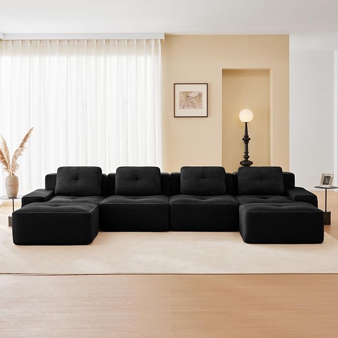 150" Modern Corduroy Cloud Sofa with Ottoman, U Shaped Boneless Modular Large Sectional Couches for Living Room, Black 4 Seater Compressed Memory Foam Couch, Extra Deep Seat, No Assembly