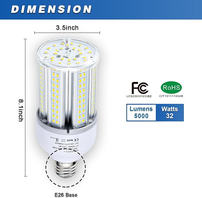 32W LED Light Bulb, E26 Base with E27 Adapter, 5000K 5000LM LED Light Bulb for Garage Warehouse Workshop Barn (32Watts)