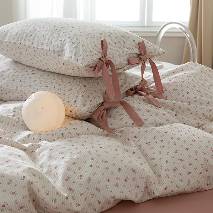 EAVD Garden Small Pink Floral Comforter Set Queen Soft Microfiber 3-Piece Floral Cottagecore Bedding Set with 2 Pillowcases Fresh Reversible Botanical Comforter Set for All-Season