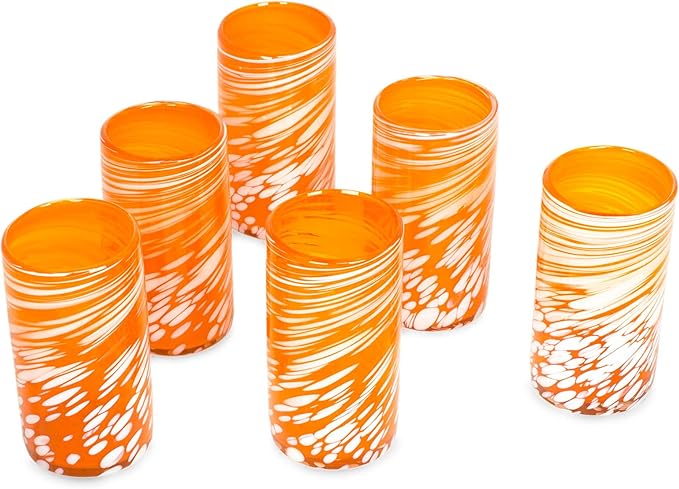 NOVICA Artisan Crafted Handblown Recycled Tumblers Glass | Striped Juice Drinkware | Tableware Glasses | Elegant Style | Emerald Orange | Toxins Free | Mexico 6" H x 3.1" Diam. (Set Of 6)