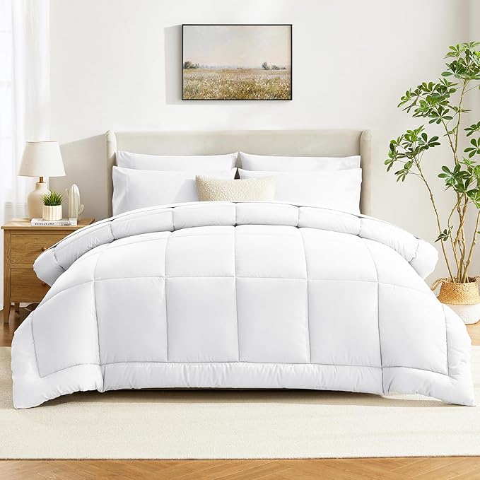 CozyLux Queen Comforter Set White, 7 Pieces Bed in a Bag, White Comforter Queen Size, All Season Bedding Sets with Stitch Quilted Comforter, Flat Sheet, Fitted Sheet, Pillowcases