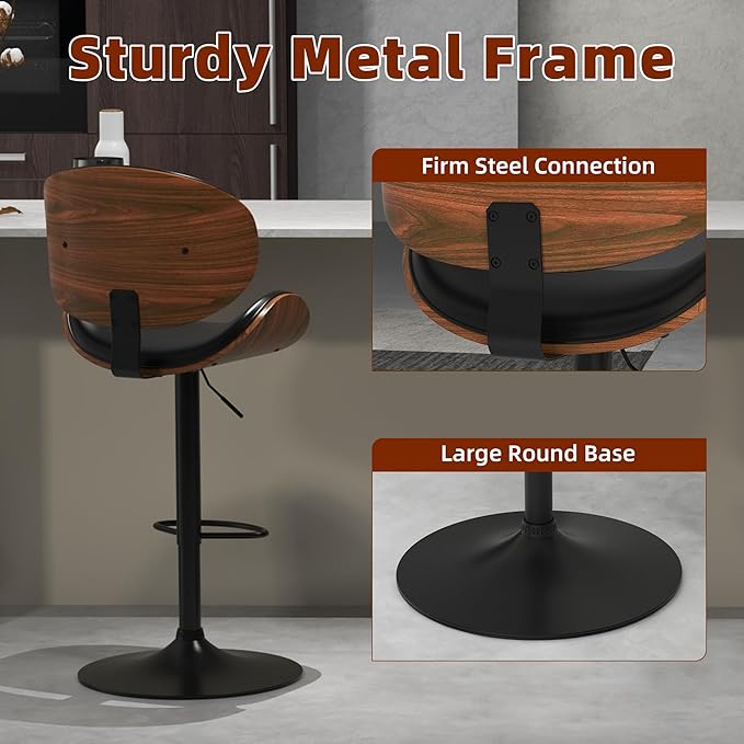 civama Bar Stools Set of 6 for Kitchen Counter, Adjustable Bar Height Chairs, Modern Swivel Barstools with Bentwood Seat and Back with Footrest for Kitchen Island, Dining Room, Black PU Leather