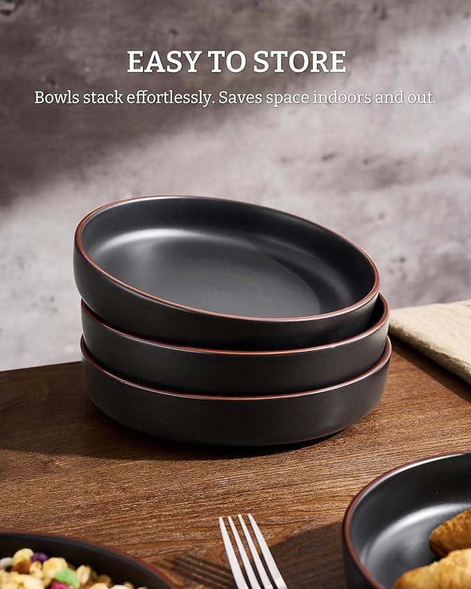 famiware Mercury Pasta Bowls Set of 4, 33 oz Large Salad Bowls, Ceramic Pasta Plates Bowls, Serving Bowls for Kitchen, Microwave & Dishwasher Safe, Black