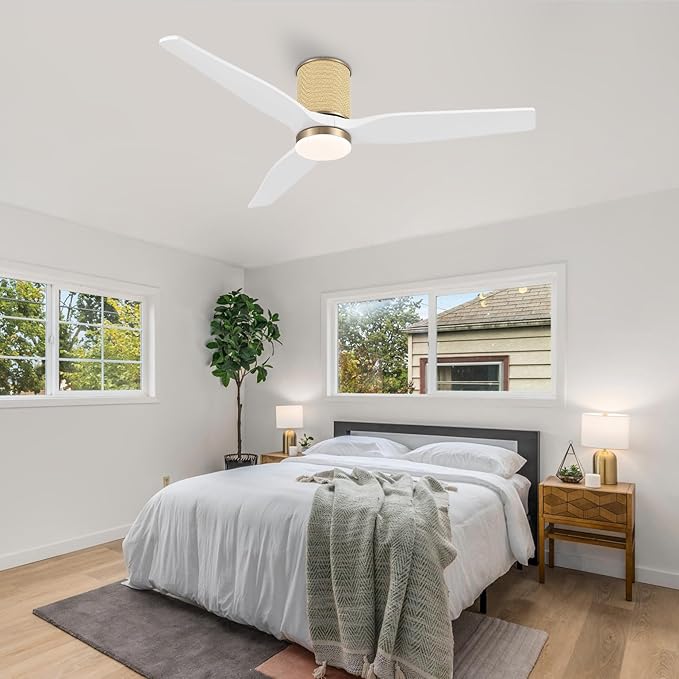 52" Ceiling Fan with Light - Low Profile Flush Mount Ceiling Fan, 6-Speed Remote Control, Solid Wood, Quiet Reversible DC Motor, Boho Style, for Bedroom, Living Room, Porch White/Gold