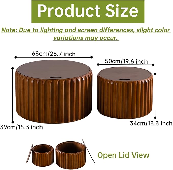 Round Nesting Coffee Table Set of 2, Round Fluted Coffee Tables with Storage for Living Room Modern Nesting End Side Tables for Small Spaces (A Storage Walnut)