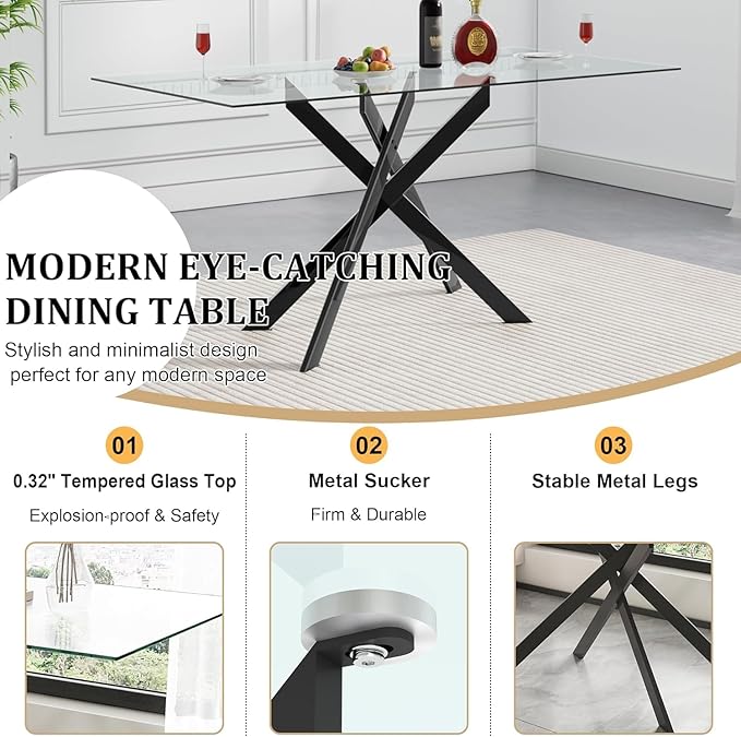 Modern Glass Dining Table Set for 4, Black Glass Kitchen Table and Chairs Set of 4, 5 Piece Dining Room Table Set with 61" Rectangular Metal Glass Dinner Table and 4 Black Leather Dining Chairs