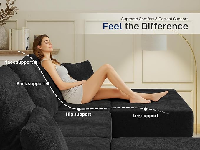 Living&Giving 101" U-Shaped Cloud Sectional Couch for Living Room, Cloud Boneless Couch-No Assembly with Reversible Chaise, Customizable 3-Seat Modular Sectional Sofa with 2 Ottoman, Black