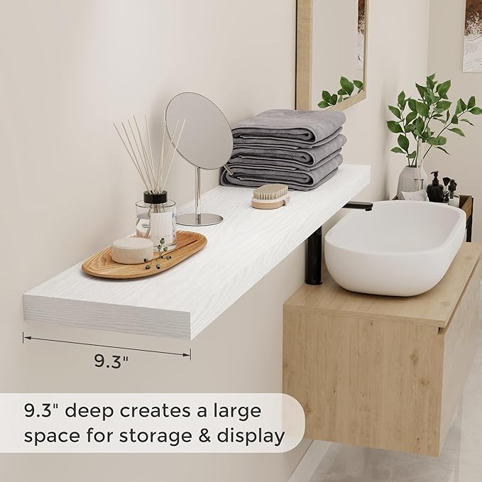 Fun Memories Farmhouse Floating Shelves for Wall, 48 x 9.3 Large Floating Shelf Wall Mounted, Rustic Wood Shelves for Bathroom, Kitchen, Living, Heavy-Duty Storage Deep Shelf for Books, Decor, White