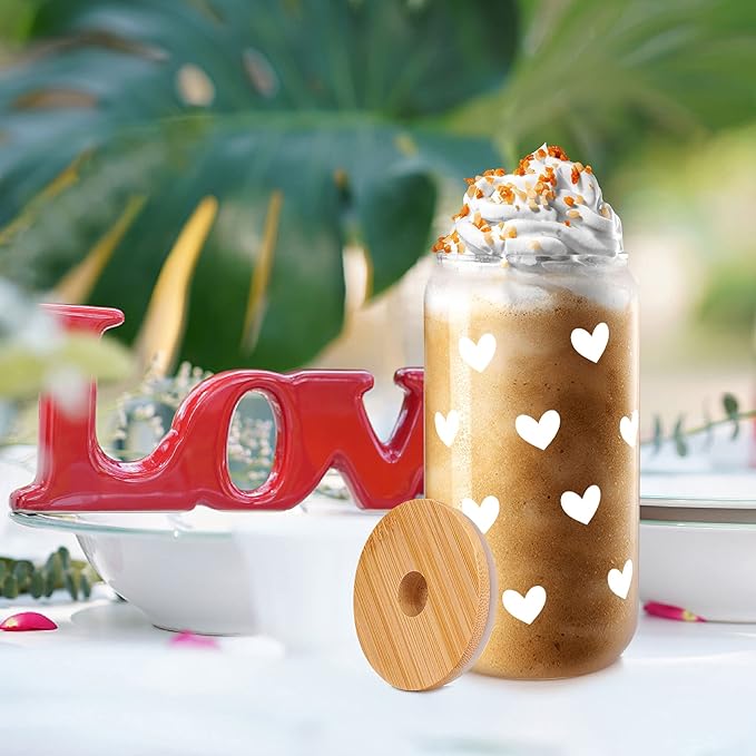 Mason Life Iced Coffee Cups, Can Shaped Glass Cups, 20 OZ Hearts Cup Beer Glass, Love Can Couple Drinking Glasses, Glass Cup with Bamboo Lids and Straws Valentines Cups Gifts- 2 Sets