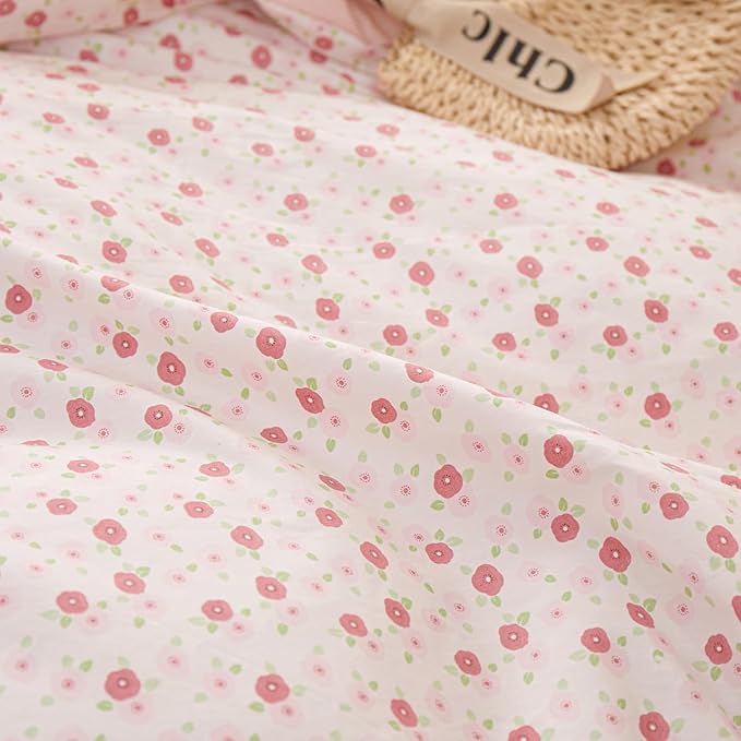 EAVD French Style Garden Pink Floral Comforter Set Full Girls Fluffy Soft Microfiber Chic Shabby Floral Bedding Set with 2 Pillowcases Fresh Ruffled Botanical Comforter Set for All-Season