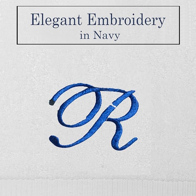 White Monogrammed Hand Towels for Bathroom - Luxury Hotel Quality Personalized Initial Embroidered Towel for Powder Room, Spa - GOTS Organic Certified - Pack of 2 Navy, Letter R