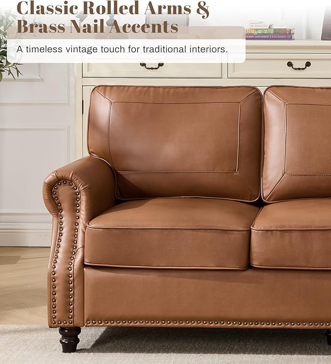 WILLOVE 79'' Faux Leather Sofa, Classic 3 Seater Leather Couch with Rolled Arm and Nailhead Trim, Mid-Century Modern Couch for Living Room, Apartment, Easy to Install, Brown