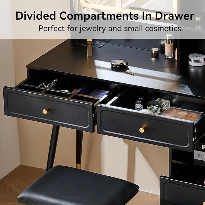 Merax 58" Large Vanity Desk with Mirror and Lights, Modern Black Makeup Vanity Set with Stool and Power Outlet, Retractable Dressing Table with Drawers and Side Cabinet for Bedroom, 3 Color Mode