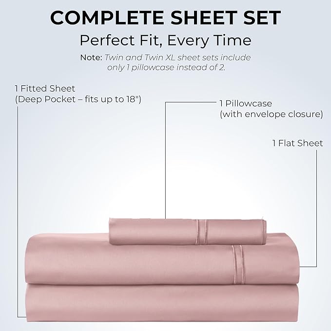 100% Natural Cotton Bed Sheets | 500 TC Single-Ply Sateen Weave Twin Sheets Set | Soft, Breathable, Hypoallergenic Solid 3-Piece Bedding with Deep Pocket Fitted, Flat, Pillowcase | Blush