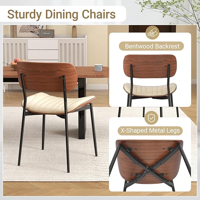 Mid Century Modern Dining Chairs Set of 6,Upholstered Faux Leather Kitchen Chairs with Walnut Bentwood Back and Metal Legs for Kitchen Dining Room Living Room, Beige