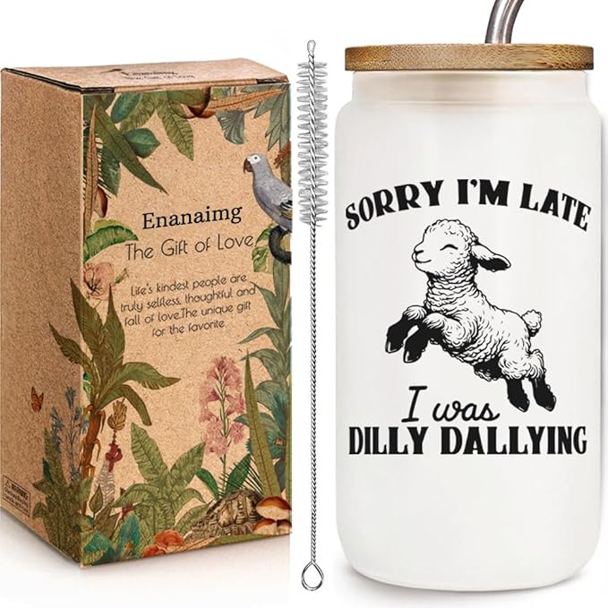 Funny Office Sorry 16oz Glass Cup with Lid and Straw Gift for Coworkers Boss Friends, Sorry I'm Late I was Dilly Dallying, Retro-Inspired Designs Prefect Birthday for Mom Siste