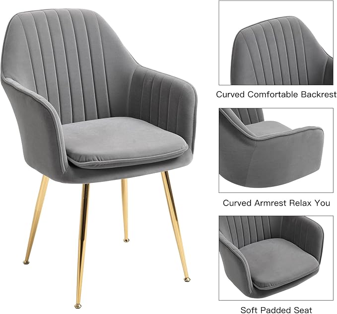 ECOTOUGE Modern Dining Chairs Set of 4, Upholstered Dining Room Chairs with Golden Metal Legs, Matte Velvet Kitchen Chairs for Dining Table, Accent Chairs for Living Room, Grey