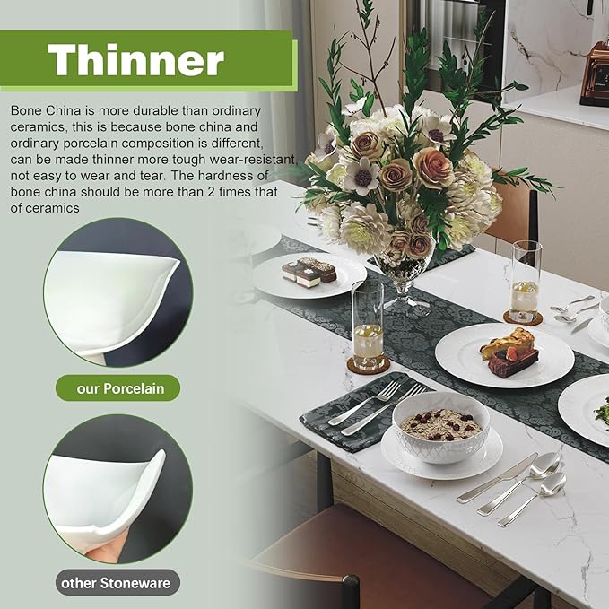 Yoshy Bone China Dinnerware with Lightweight Durable Chip Resistant Design Service for 4 (18 Piece - Service for 6, Interlace)