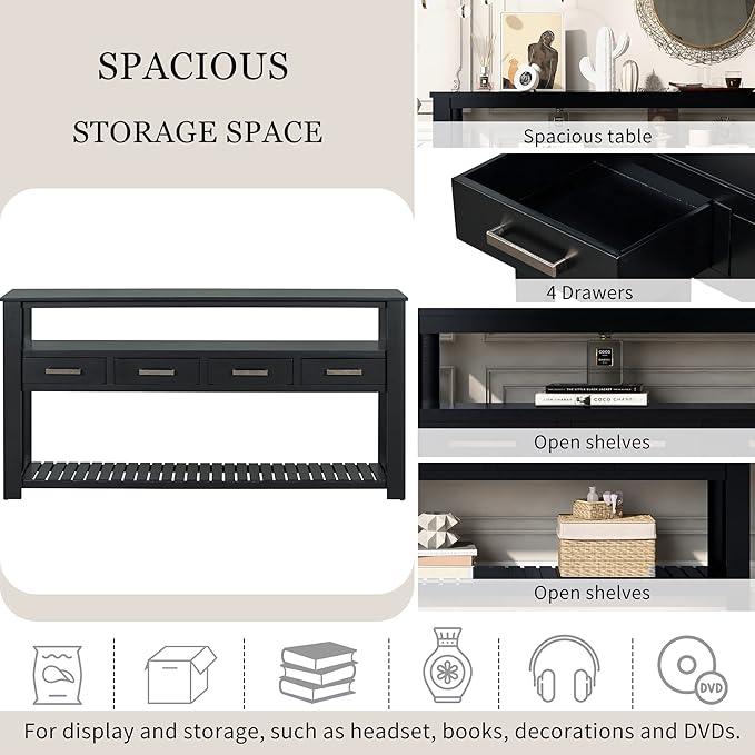 Modern 62'' Console Table Sofa Entryway Table with 4 Drawers and 2 Shelves, Acacia Wood Kitchen Buffet Cabinet Sideboard, Accent Table Furniture for Entryway Kitchen Living Room (Black-4DE)