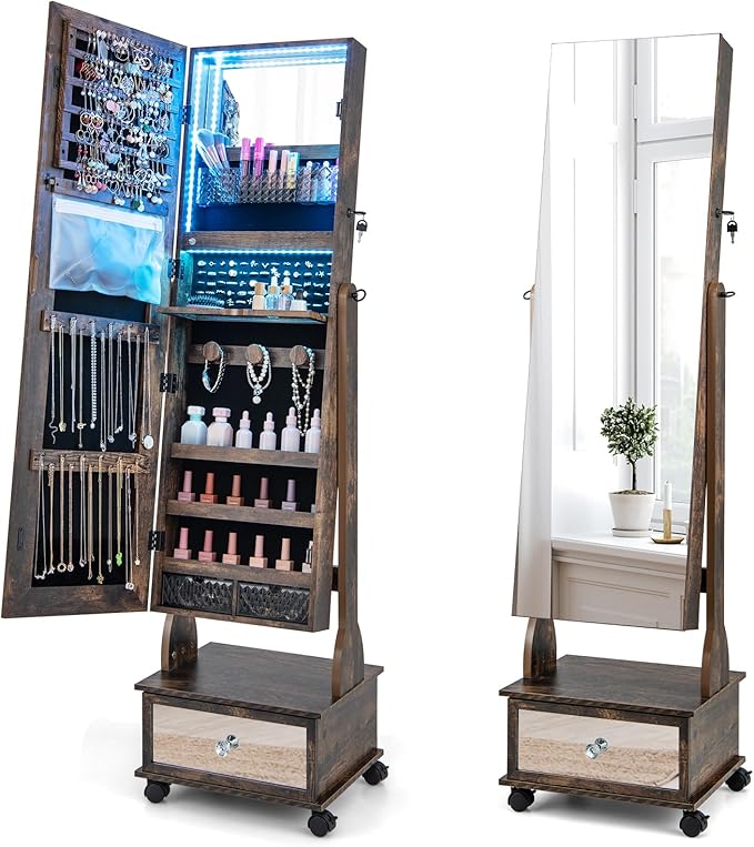 GOFLAME Standing Jewelry Cabinet Armoire with Wheels, Lockable Jewelry Storage Organizer with Full Length Mirror, 3-Color LED Lights, Interior Makeup Mirror, Jewelry Armoire for Bedroom (Rustic Brown)