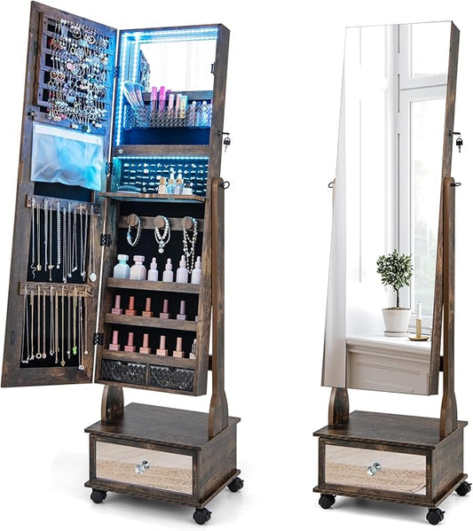 GOFLAME Standing Jewelry Cabinet Armoire with Wheels, Lockable Jewelry Storage Organizer with Full Length Mirror, 3-Color LED Lights, Interior Makeup Mirror, Jewelry Armoire for Bedroom (Rustic Brown)