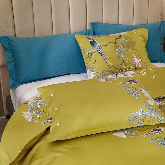 EAVD Queen Comforter Set Floral Vintage Garden Floral Bedding Set Soft Microfiber Yellow Comforter with 2 Pillowcases Gorgeous Floral Cute Bird Comforter Set for All-Season