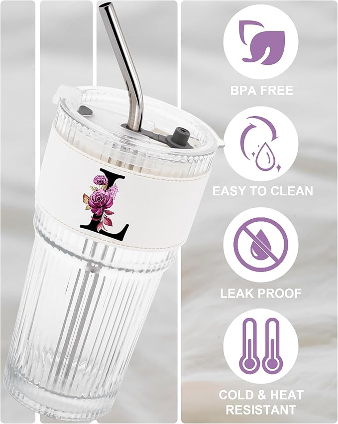 Letter Glass Cup with Lid Straw Ribbed Ice Tea Coffee Cute Stuff Brides Matcha Latte Clear Tumbler Wedding Her Day Bridal Shower Bachelorette Party Engaged Engagement Personalized Customized Gift L