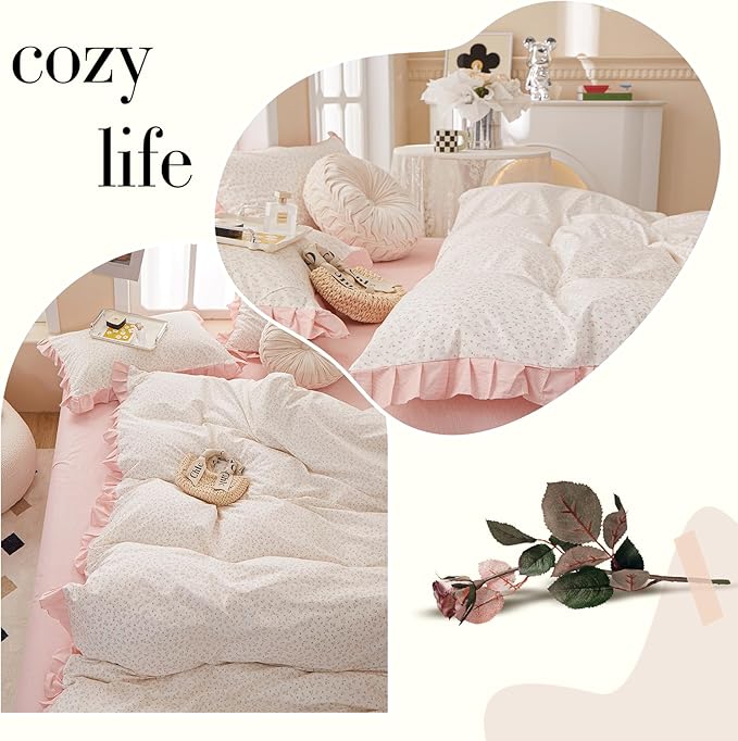 Pink Floral Ruffle Duvet Cover Twin 100% Cotton Pink Flower Duvet Cover Girls Romantic Comforter Cover Princess Lace Coquette Bedding Set Vintage Aesthetic Bedding Cute Flower Comforter Cover Twin