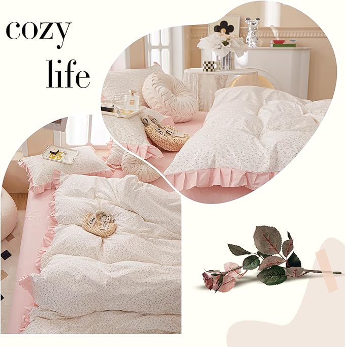 Romantic Pink Floral Duvet Cover Queen 100% Cotton Pink Ruffle Duvet Cover Girls Flower Comforter Cover Princess Lace Bedding Set Vintage Floral Coquette Bedding Comforter Cover with 2 Pillowcases