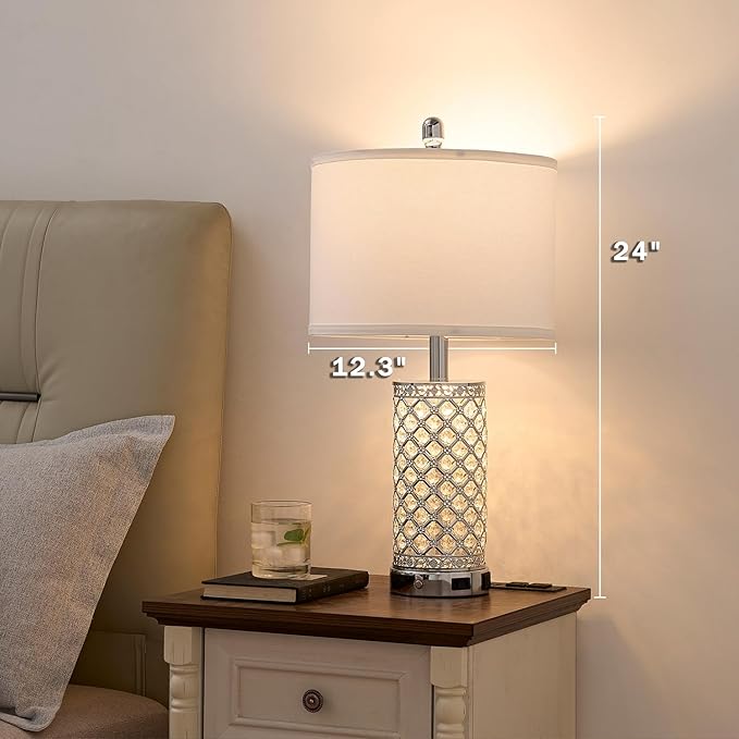Modern Crystal Table Lamp - 24in Silver Bedroom Lamps 3-Way Dimmable Touch Lamp with Night Light, 2 USB Ports + AC Outlet, Bedside Night Stand Lamp for Living Room Office (Silver- 1 Pack 24In)