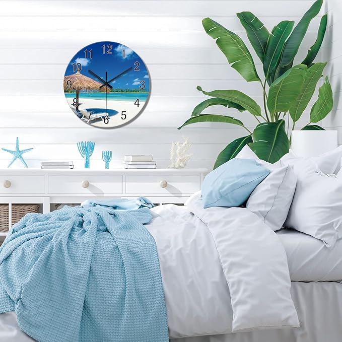 XFM Blue Beach Wall Clock 14 Inch Silent Ocean Wall Clocks Battery Operated Tropical Summer Coastal Clock for Bedroom Living Room Office