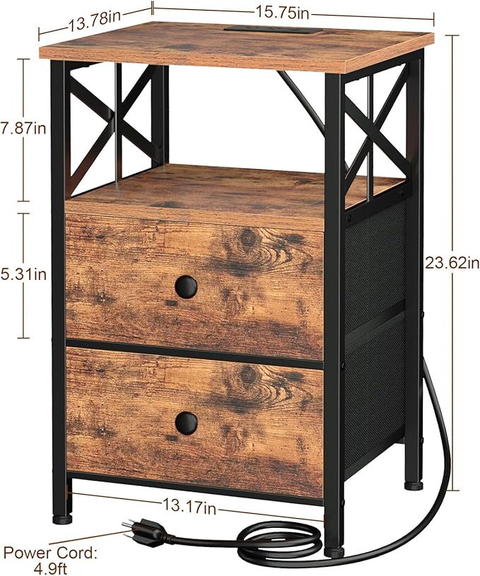AMHANCIBLE Night Stand Set 2, Nightstand with Charging Station, End Tables Living Room with USB Ports and Outlets, Bedside Tables with Fabric Drawers for Bedroom, Rustic Brown HET05XBR