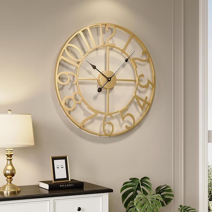 Cuspin Large Wall Clock 24 Inch Gold, Decorative Wall Clocks Battery-Operated, Modern Metal Round Clock Silent Non Ticking Arabic Numerals for Living Room Kitchen Mantel Bedroom Office Decor