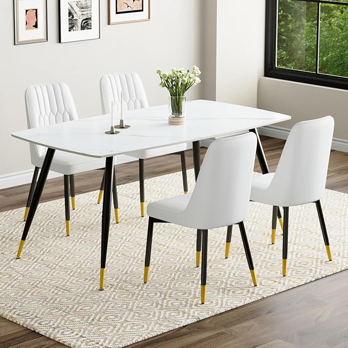 White Dining Table Set for 4, 62'' Dining Table Set for 4, Sintered Stone Dining Room Sets for 4, Easy to Assemble