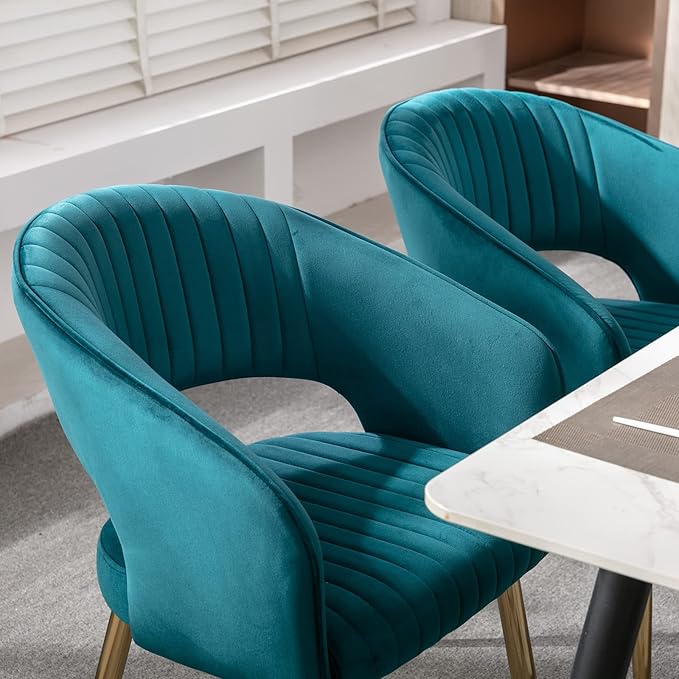 Modern Velvet Dining Chairs Set of 4, Upholstered Gold Dining Chairs with Hollow Back, Dining Room Chairs with Gold Legs, Accent Armrest Kitchen Chairs for Living Room Reception Teal Blue