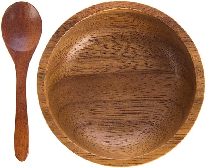 Set of 4 Small Round Acacia Wooden Bowls 2¾ Inch Diameter 1½" High With Spoons - Stackable Mixing Bowl Salad Soup Snack Dip Sauce Charcuterie Wood Tableware Sets for Decor and Serving