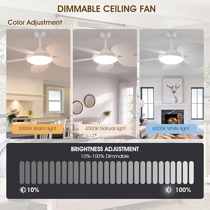 Ceiling Fans with Lights and Remote/APP Control, 48 Inch Tropical Ceiling Fan for Bedroom Living Room, Outdoor Palm Leaf Ceiling Fan for Patios Porch, Dimmable, 6 Speeds, Reversible, White