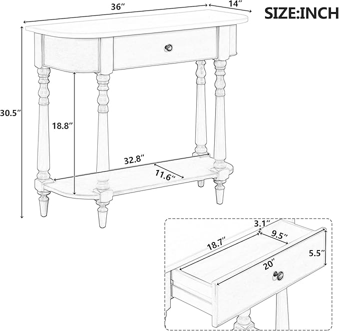 HMFULE Retro Curved Console Table, 36" Solid Wood Half Moon Console Table Sofa Table Entryway Table with 1 Drawer 1 Open Shelf Roman Legs Curved Corners for Living Room,Entryway,Hallway,White