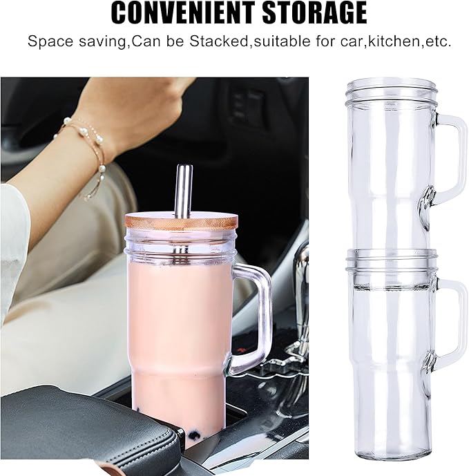 Glass Cups with Lids and Straws - 24oz glass tumbler with bamboo lids and straw Boba Cup