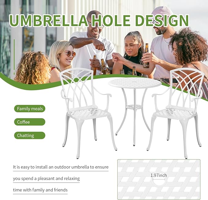 Patio Bistro Set 3 Piece with Umbrella Hole, Outdoor Bistro Table and Chairs Set of 2, Patio Bistro Set 3 Piece White, Cast Aluminum Furniture for Park Yard Front Porch