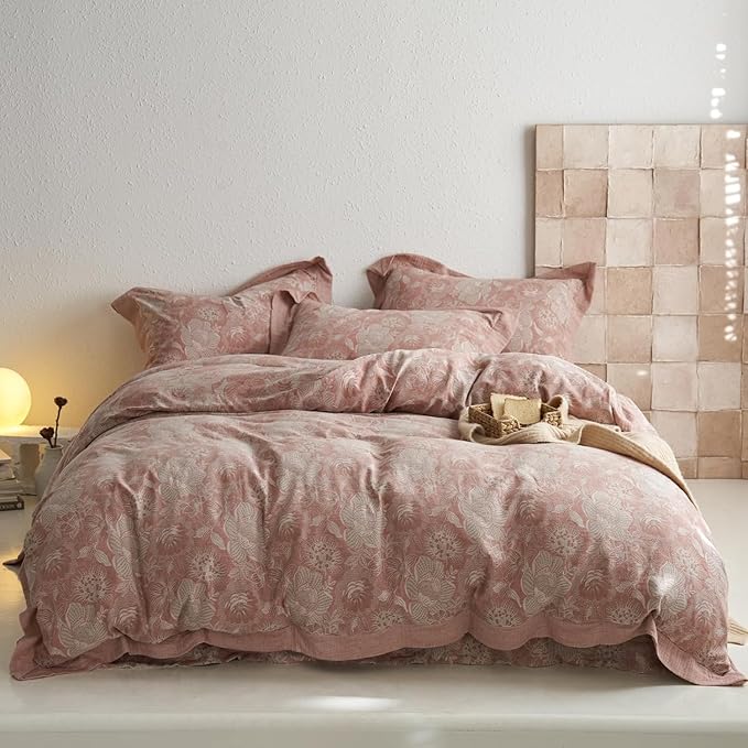 Jacquard Flower Duvet Cover King Retro Blush Pink Floral Duvet Cover Yarn-Dyed Textured Cotton Bedding Jacquard Flower Comforter Cover with Edge Design Vintage Farmhouse Floral Bedding Set King Size