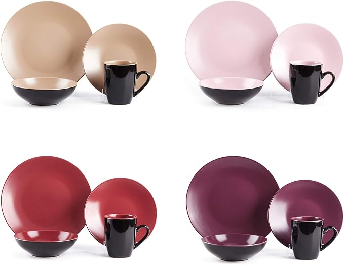 Colors Life 16 Dinnerware Set，Outside Shinny Black + Inside Matte Finished Color Very Berry