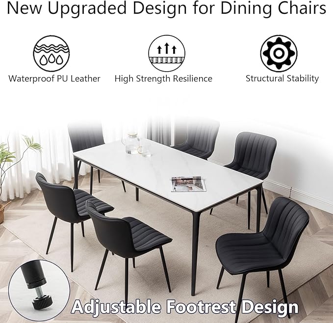 Leather Dining Chairs Set of 4, Upholstered Dining Room Chairs with Metal Legs, Modern Dining Chair for Dining Room, Kitchen (Black)