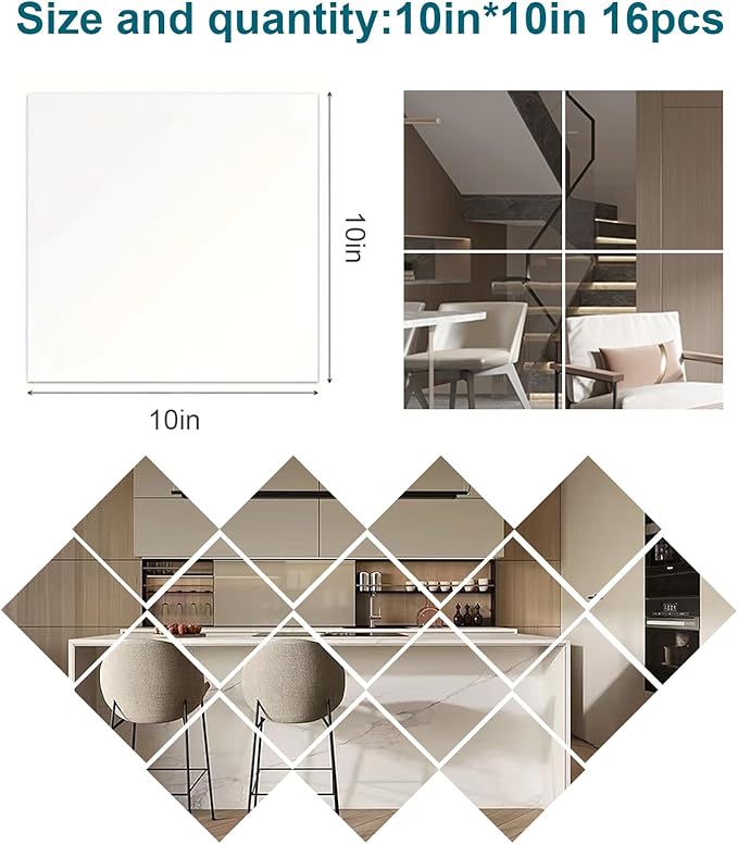 Full Length Shatterproof Wall Mirror, 16Pcs 10 Inch Acrylic Mirror Tiles for Home Gym, Fitness Studio, Kids Room, Dance & Yoga Practice, Safe Unbreakable Toddler Mirror for Wall